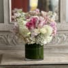 Premium Roses, Hydrangeas,  Lisianthus, Dahlias, in glass vase.