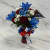 A single red rose takes center stage in this Red, White &amp;