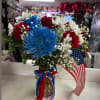 3 roses , carnations, white daisies and blie chrysanthemums for 4th of