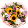 A cheerful hand-tied bouquet featuring radiant sunflowers, lavender roses, blush pink roses