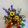 Sunflowers, Red Roses, Blue Delphinium, Huckleberries, Stock, in a birch wood box