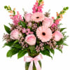A graceful arrangement of soft pink roses, blush gerbera daisies, snapdragons, alstroemeria