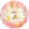 A cheerful round pink foil balloon printed with gold and white "Happy
