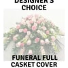 Pink and white funeral casket cover with mixed flowers