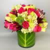 The Joyful Blooms flower arrangement is handcrafted with cymbidium orchids, hydrangea, green
