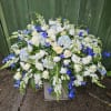 A serene cascade of pale blue hydrangeas, white roses and carnations sets