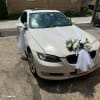 Front, sides and back draped in white tulle and silk flowers -