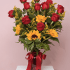 A bold red-and-gold contrast greets the recipient with clustered red roses set