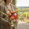 Woman holding a colorful bouquet in a clear glass vase