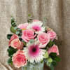 Soft pink roses and white-and-pink gerbera daisies come together in a fresh