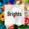 Bright mixed bouquet of roses and other flowers in vivid pink, orange, blue, and white tones with 'Brights' text overlay.