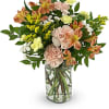 A beautiful bouquet including carnations, alstroemeria and aster in a clear vase.