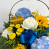 Sunflowers and Blue Hydrangeas with a mix of other flowers and greens