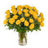 Large bouquet of yellow roses arranged in a clear glass vase