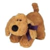 Small brown plush dog with a black nose and purple ribbon