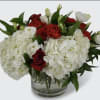 White hydrangeas and red roses arranged in a clear glass vase