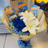 Start with a show-stopping cluster of vivid blue roses and two large
