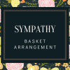 Sympathy basket arrangement text on a floral patterned background