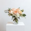 A clear glass textured jar filled with a white hydrangea and 6