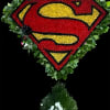 Superman logo floral tribute with red, yellow, and black flowers