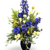 Vivid cobalt-blue and sunny yellow blooms rise from a royal blue vase