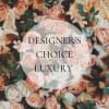 Peach and white roses with greenery and the words "Designer’s Choice Luxury"