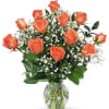 Orange roses arranged in a clear glass vase with baby's breath