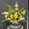 Sunlit yellow roses paired with crisp white spiked stock create a graceful