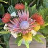 Tropical bouquet with pink protea, orange pincushion blooms, and white roses in a vase
