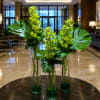 Vivid green orchids rise in sculptural clusters-this modern flower arrangement fits perfectly