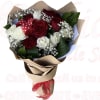 Bouquet of red and white roses wrapped in brown paper with a red ribbon