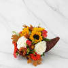 Autumn bouquet with sunflowers, white roses, and orange blooms