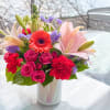 Stunning bouquet with pink Lillies, orange Gerber's, Hot pink spray roses, Hot