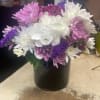Bouquet of white, pink, and purple chrysanthemums in a black vase