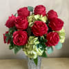 Amazing high quality Silk arrangement with 12 red roses in a bed