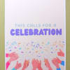 Celebration greeting card with colorful confetti and hands raising champagne glasses