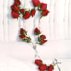 Red rose rosary with silver cross on white fabric