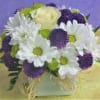 Bouquet of white daisies, purple blooms, and a pale yellow rose