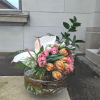 Perfect simplicity. Tulips and anthurium in a keepsake vase. Approximately 15-20 inches