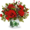 Red roses and carnations in a winter vase with pinecones