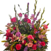 Large mixed bouquet with pink roses, lilies, and purple flowers