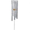 Hanging metal wind chime with a wooden top and prayer plaque