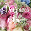Mixed bouquet of pink, white, and blue flowers