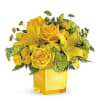 This bright bouquet includes yellow roses, yellow Asiatic lilies, green carnations, yellow