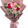 Bouquet of pink and red roses with white filler flowers in pink wrap