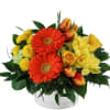 Orange gerberas and yellow roses in a white vase