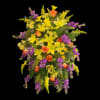 Tall bouquet of yellow lilies, orange roses, and purple flowers