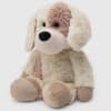 Plush dog toy with floppy ears and beige patchwork fur