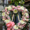 Beautiful 24" open heart in pink and white. With roses, china mum's