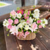 Pink and white flowers arranged in a wicker basket